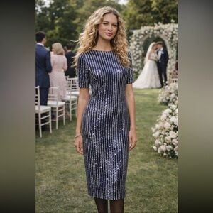 Anthropologie NWT Flat White Short-Sleeve Sequin Stripe Midi Dress size S.